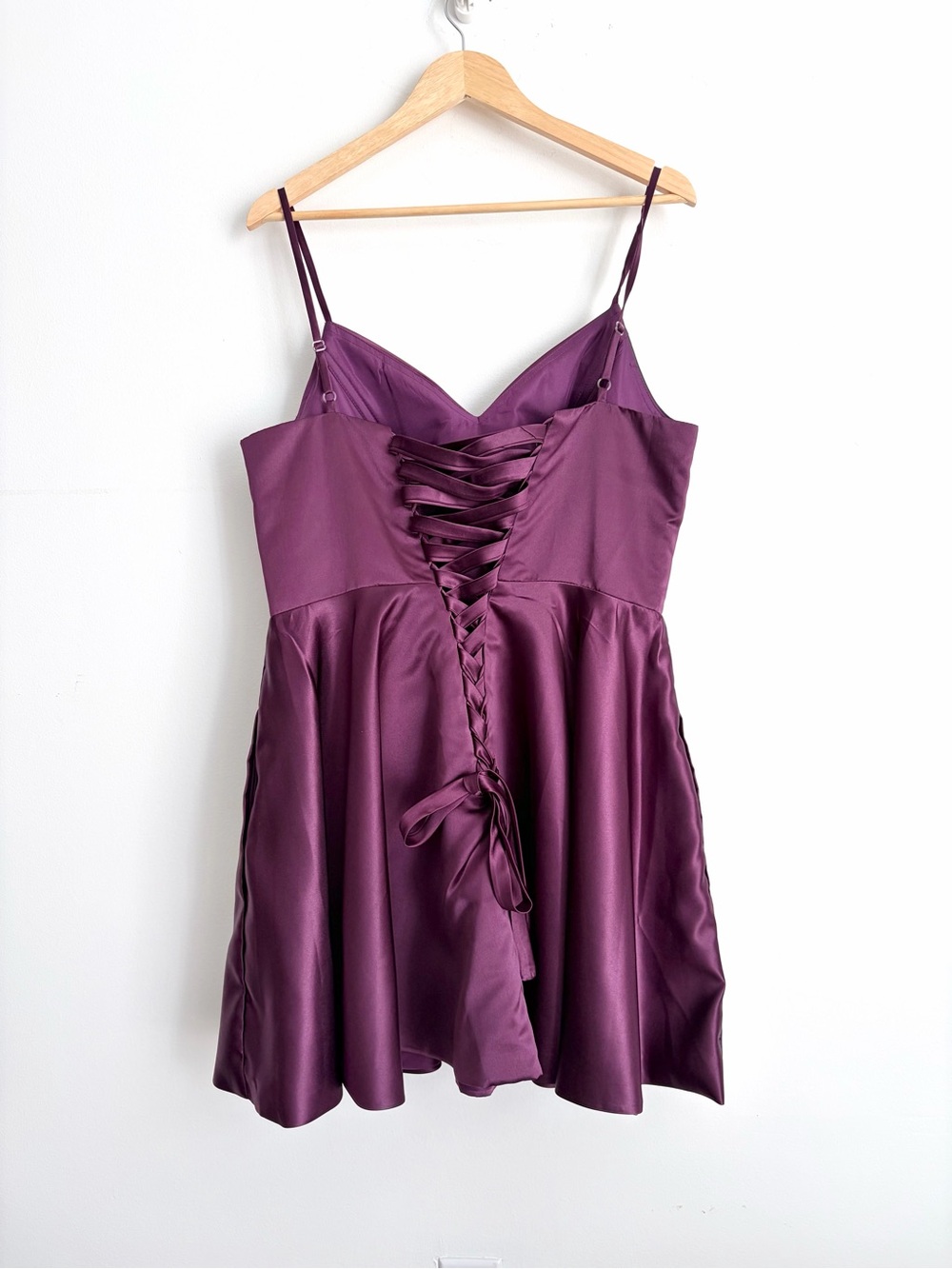 Dark Plum Satin Lace Up Corset Fit and Flare Mini Dress Glam Cocktail 14 NWOT